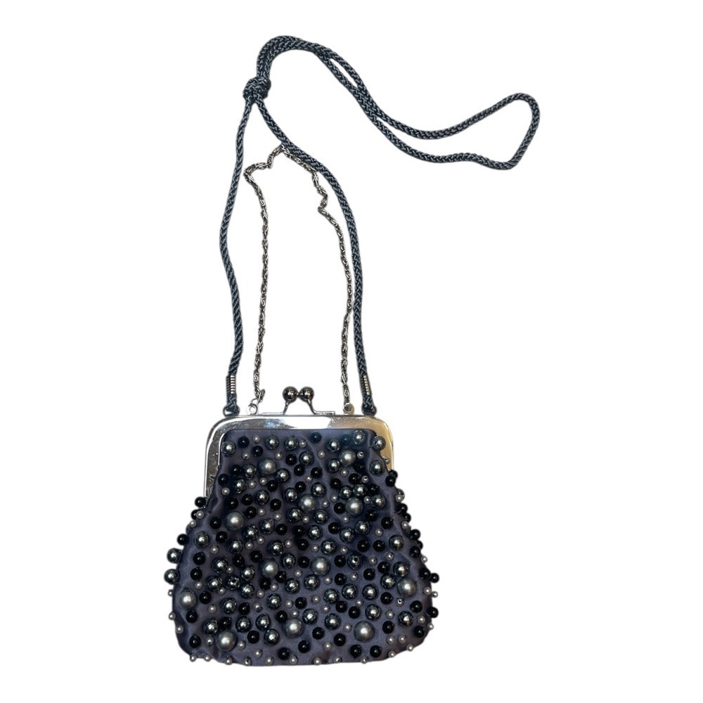 Silver Gray Beaded Satin Kisslock Coin Purse Wristlet Shoulder Mini Bag